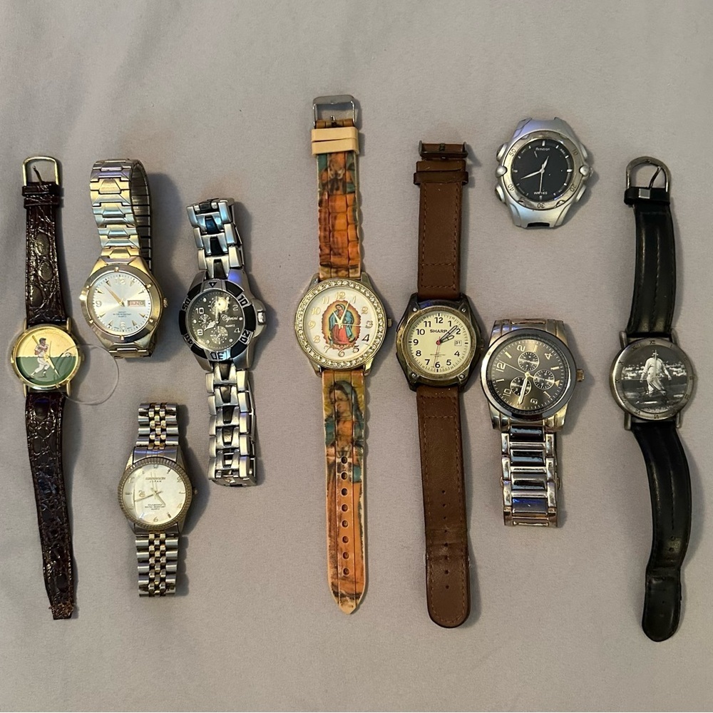 Lot of 9 Wrist Watches vintage & modern men’s/unisex Armitron Sharp Babe Ruth